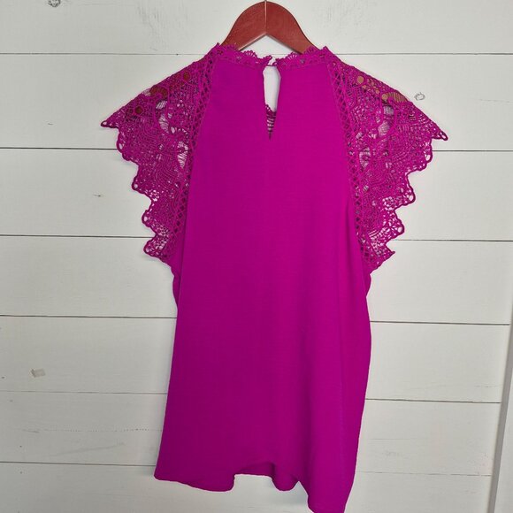 Rain Womens Fuchsia Crochet Lace Cap Sleeve Blouse L - Picture 3 of 7